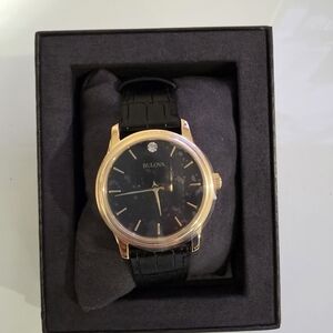 Bulova Gold and Black Men's Leather Watch